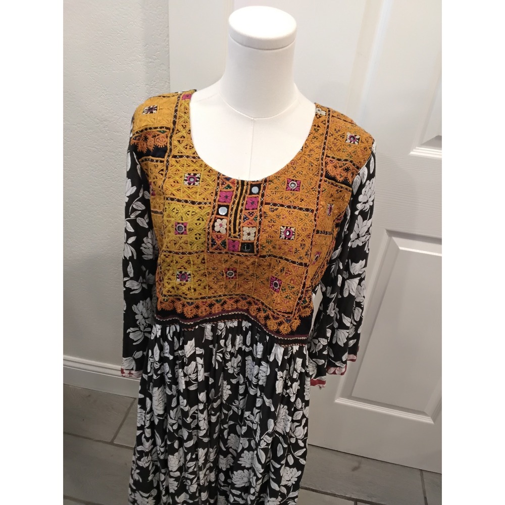 Boho Embroidered‎ Mirror Work Floral Maxi Dress Black White Yellow Long Sleeve - Picture 2 of 8